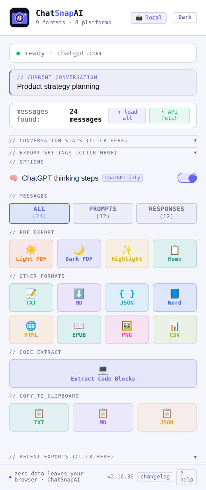 The ChatSnapAI extension popup showing a connected ChatGPT conversation, 24 messages found, and export buttons for PDF, TXT, Markdown, JSON, Word, HTML, EPUB, PNG and CSV.