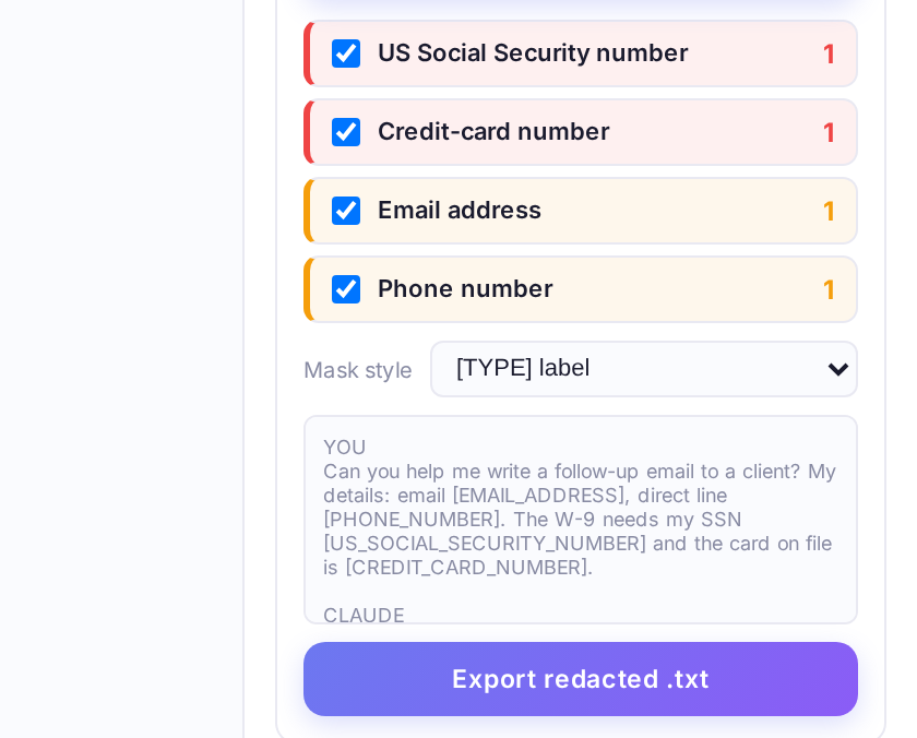ChatSnapAI's redaction review: detected sensitive items — Social Security number, credit-card number, email and phone — each with a toggle, a mask-style selector, a live preview of the masked text, and an Export redacted button.